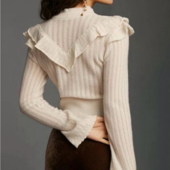 Anthropologie Cashmere Collection Victoria Ruffle Pullover Sweater Ivory Sz Xl - Picture 2 of 9
